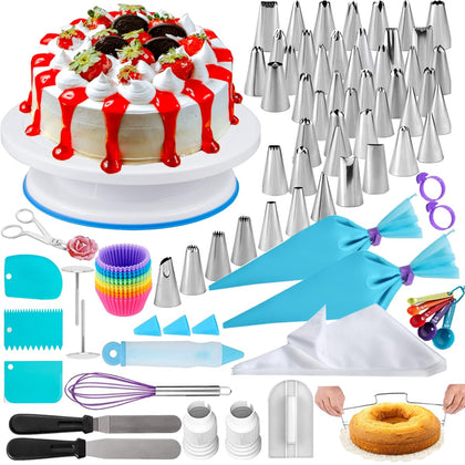 100Pcs Cake Decorating Supplies Kit - Cake Turntable Set with 48 Icing Piping Tips, 20 Disposable Pastry Bags, 2 Couplers, Baking Tools for Beginners, Cupcake Decorating Kit
