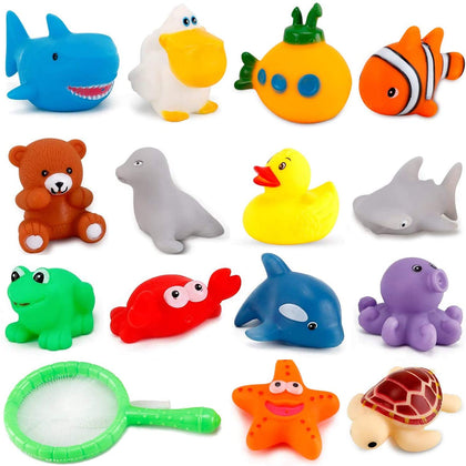 15 PCS Ocean Animals Rubber Bath Toy Water Squirters with Floating Bathtub Squeeze and Play Soft Sea Creatures anf Fishing Net for Baby, Toddlers and Kids