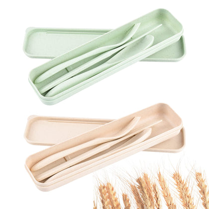 Travel Utensil Set with Case, 2 Sets Wheat Straw Reusable Spoon Chopstick Forks Tableware, Portable Cutlery Travel Picnic Camping or Daily Use ((Beige & Green))