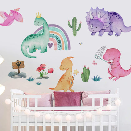 Yovkky Watercolor Girls Dinosaur Wall Decals Stickers, Dino Rainbow Cactus Nursery Decor, Tropical Plant Home Decorations Kids Bedroom Playroom Toddler Baby Shower Room Art Gift