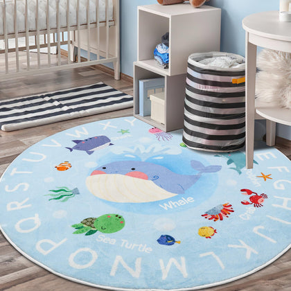 Soft Round ABC Rug for Kids Room,2.6 ft Washable Circle Nursery Rug,Non-Slip Whale Alphabet Baby Kids Rug Carpet for Nursery Playroom Bedroom Kids Room Decor