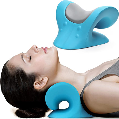 Comfortable Neck Stretcher for Neck Pain Relief, Neck and Shoulder Relaxer Cervical Neck Traction Device for TMJ Pain Relief and Muscle Relax, Cervical Spine Alignment Chiropractic Pillow (Blue)