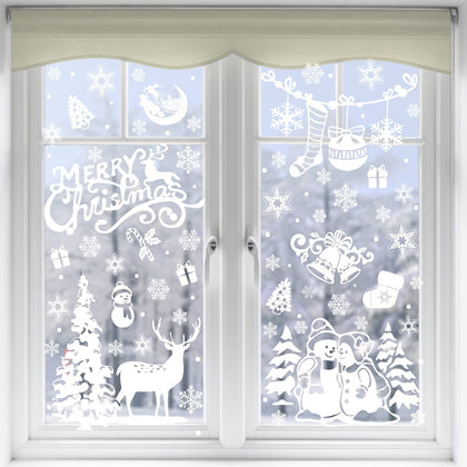 SULOLI Xmas Window Clings Decoration, 141 Static Snow Flakes Stickers Merry Christmas Window Decals for Christmas Party Supplies (8 Sheets)