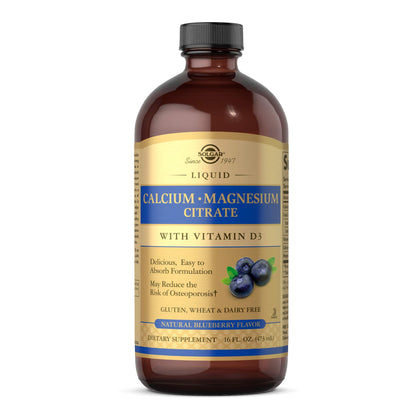 Solgar Liquid Calcium Magnesium Citrate with Vitamin D3 - Delicious Natural Blueberry Flavor, 16 oz - Supports Strong, Healthy Bones & Teeth - Gluten Free, Dairy Free, Kosher - 32 Servings