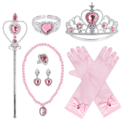 Princess Dress Up Party Accessories for Princess Costume Gloves Tiara Wand Necklace Earrings Bracelet and Ring Gift Set 9pcs (Pink, Set of 7, 9pcs)