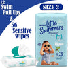 Little Swimmers Size 3 (16-26 lbs) Small Disposable Swimming Diapers 12 Count + Bonus Pack of Sensitive Baby Wipes 56 Ct - Absorbent and Adjustable Swim Pants