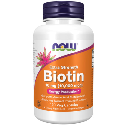 NOW Supplements, Biotin 10 mg (10,000 mcg), Extra Strength, Energy Production*, 120 Veg Capsules