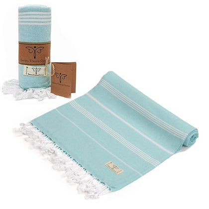 SMYRNA TURKISH COTTON Classical Series Beach Towel | 71 x 37 in | Extra Large Wearable Turkish Bath Towel | Made in Turkey | No Shrink | Premium Luxury Striped Linen - Aqua