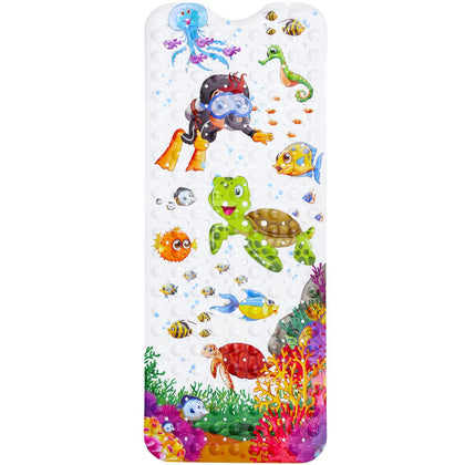 Secopad Baby Bath Mat for Tub for Kids, 40 X 16 Inch Non Slip Cartoon Bath Tub Shower Mat Anti Slip with Drain Holes and Suction Cups Machine Washable, Turtle