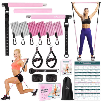 Pilates Bar Kit with Resistance Bands, Multifunctional Yoga Pilates Bar with Heavy-Duty Metal Adjustment Buckle, Portable Home Gym Pilates Resistance Bar for Women Full Body Workouts(20-150LBS)-Pink