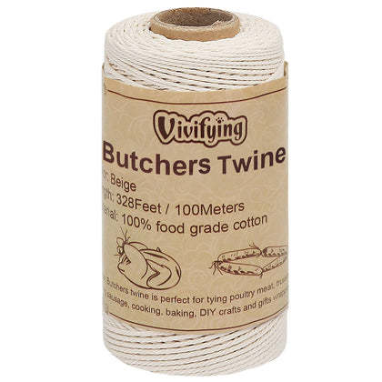Vivifying Butchers Twine, 328 Feet 3Ply Cotton Bakers Twine, Food Safe Cooking String for Tying Meat, Making Sausage, Trussing Turkey, Roasting and Packing (Beige)