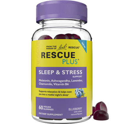 Bach RESCUE PLUS Sleep & Stress Support Gummies, Nighttime Dietary Supplement with 1mg Melatonin, Ashwagandha, Chamomile, Lavender & Vitamin B6, Natural Blueberry Flavor, Vegan & Gluten-Free, 60 Count