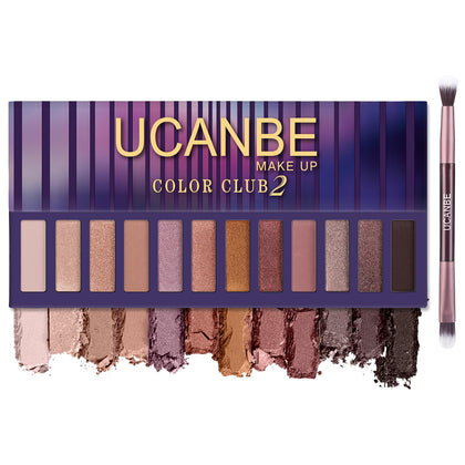 UCANBE 12 Color Eyeshadow Makeup Palette, Naked Nude Eye Shadow, Neutral Matte Shimmer Make Up Pallet with Double-ended Brush Set Kit, Highly Pigmented Long Lasting Waterproof (02)