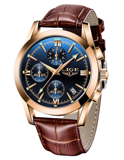 LIGE Men Watches Waterproof Casual Business Chronograph Watches Multifunction Date Calendar Leather Watches for Men, 2-Blue Brown, M, Quartz Watch,Chronograph