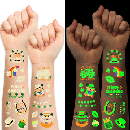 36 Sheets St. Patrick's Day Luminous Temporary Tattoos for Women Men Adult, Green Shamrock Lucky Four Leaf Clover Fake Tattoos for Boy Girl Kid, Glow in Dark Irish Party Favor Supply Decoration