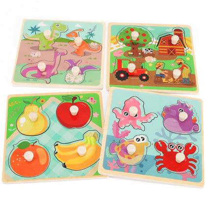 Wooden Peg Puzzles for Toddlers 1-3, Kids' Educational Preschool Peg Puzzle Toy, Set of 4 Toddler Puzzles - Farm, Dinosaur, Fruit and Marine Animals, Ideal Gift for Ages 1 2 3 Boys and Girls