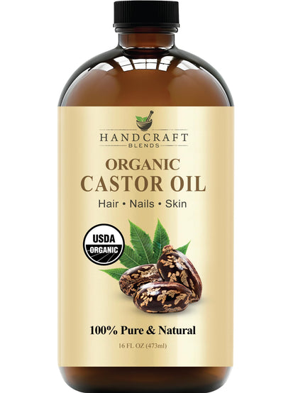 Handcraft Blends Organic Castor Oil in Glass Bottle for Hair Growth, Eyelashes & Eyebrows - 100% Pure and Natural Carrier Oil, Hair & Body Oil - Moisturizing Massage Oil for Aromatherapy - 16 fl. Oz