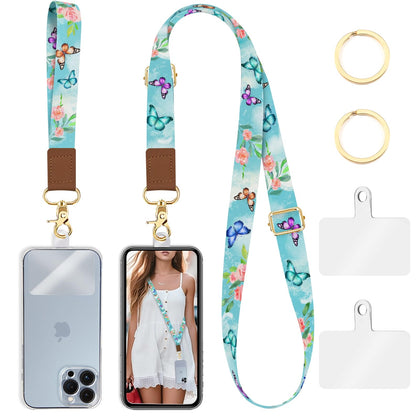 Piefly Phone Lanyard Crossbody Wrist Strap, Butterfly Flower Cell Phone Lanyards for Around the Neck Wristlet Shoulder, Adjustable Floral Phone Strap for Car Keys Keychain Wallet Phone Case ID Badge