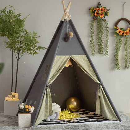 TreeBud Teepee Tent for Kids Stripe Padded Mat Foldable Dark Tone Grey Play Tents for Girl and Boy with Carry Case Wooden Pole Printing Canvas Tepee Playhouse for Child Indoor Outdoor