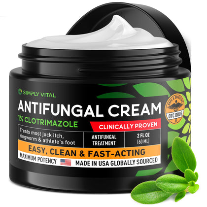 SimplyVital Antifungal Cream, Clotrimazole 1% - Made in USA Fast Acting OTC Cream - Relives Jock Itch, Ringworm and Athlete Foot - 2 oz