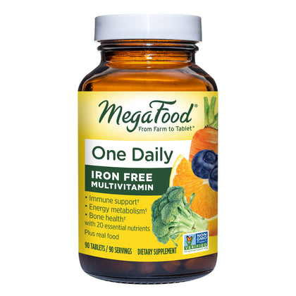 MegaFood One Daily Iron Free Multivitamin - Multivitamin for Women and Men - with Real Food - Immune Support Supplement - Bone Health - Energy Metabolism - Vegetarian; Non-GMO; No Iron - 90 Tablets