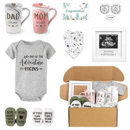 New Parents Gift Set Est 2024 Pregnancy Announcement Gifts-First Time New Mom Basket for Baby Shower Gender Reveal-Mom & Dad Mugs, Decision Coin, Baby Ultrasound Frame, Onesie, Bib, Socks