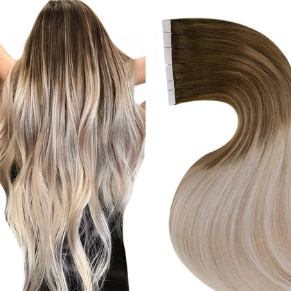 LaaVoo Tape in Hair Extensions Human Hair Ombre Light Brown to Ash Blonde Mix Platinum Blonde Balayage Hair Extensions Real Human Hair 16 inch Tape in Silky Straight Thick Ends 20pcs/50g