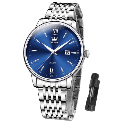 OLEVS Watches For Men Classic Blue Dial Mens Watches Day Date Mens Watches Sliver Stainless Steel Strap Watches Analog Quartz Watches Waterproof Watches Men Roman Numerals Watches Relojes Para Hombre