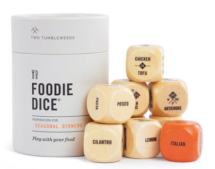 Two Tumbleweeds Foodie Dice - New Edition | Play with Your Food! | Set of 9 Dice to Inspire Creative, Seasonal Meals | Includes Take Out Die | Unique Cooking Gift