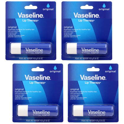 Vaseline Lip Therapy Care Original, Fast-Acting Nourishment, Ideal for Chapped, Dry, Cracked, or Damaged Lips, Lip Balm, 4-Pack, 0.16 Oz Each