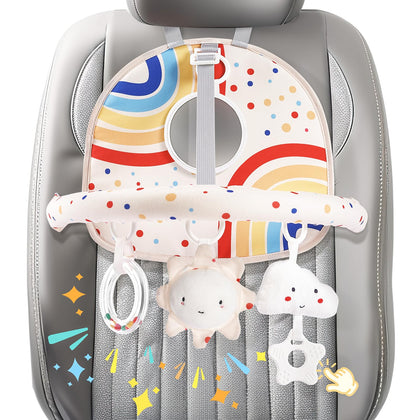 Baby Car Seat Toy, Rear Facing Carseat Toy, Baby Carseat Activity Arch with Baby Mirror Hanging Plush Toys Rattle Teether, Adjustable Sensory Toy for 0-12 Months Baby Infant Girls Boys Gift, Rainbow