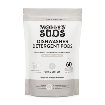 Molly's Suds Dishwasher Pods | Natural Dishwasher Detergent, Cuts Grease & Rinses Clean (Residue-Free) for Sparkling Dishes, Auto-Release Tabs (Fragrance Free - 60 Count)