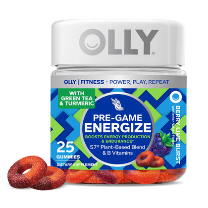 OLLY Pre-Game Energize Workout Gummy Rings, S7 Plant-Based Blend, B Vitamins, Berry Lime Flavor - 25 Count