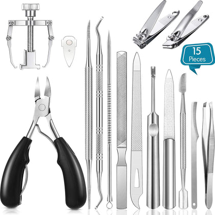 15 Pieces Ingrown Toenail Tools Stainless Steel Foot Nail Tools, Toenail File and Lifter, Nail Clipper, Cuticle Cutters, Cuticle Pusher and Manicure Pedicure Tools for Ingrown and Thick Nail (Black)