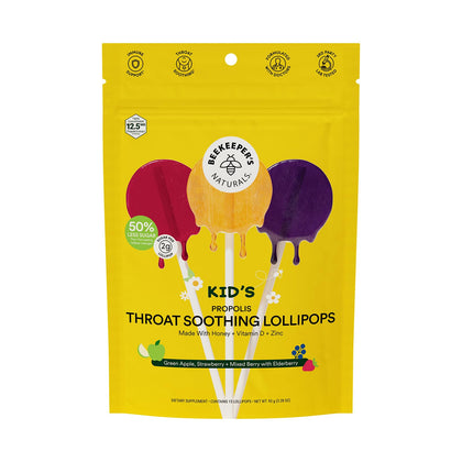 Kids' Throat Soothing Lollipops by Beekeeper's Naturals - Immune Support with Propolis, Vitamin D, Zinc, & Honey. Doctor formulated, and only 2g of Sugar per Serving. Variety Pack, 15ct