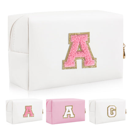 Personalized Initial Letter Patch Makeup Bag, Preppy Portable Chenille Letter Cosmetic Bag with Zipper, PU Leather Waterproof Travel Toiletry Bag Monogram Make Up Pouch for Women Girls(Letter A)