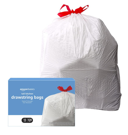 Amazon Basics Flextra Tall Kitchen Drawstring Trash Bags, Unscented, 13 Gallon, 120 Count