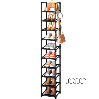 LUKYTOWER Tall Shoe Rack Narrow 10Tier Shoe Racks Organizer for Closet 10-15Pairs, Storage Rack for Shoes with 5Hooks, Sturdy Metal Shoe Shelf, Vertical Skinny Shoe Stand for Small Space