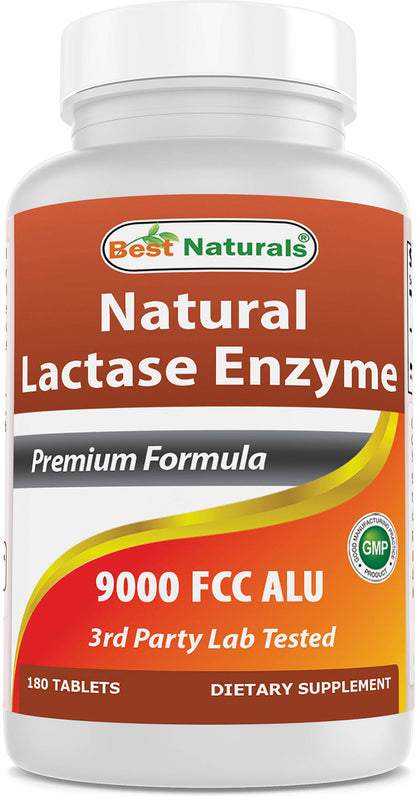 Best Naturals Lactose Intolerance Relief Tablets with Natural Lactase Enzyme, Fast Acting High Potency Lactase, 9000 FCC ALU, 180 Count