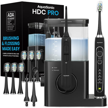AquaSonic Home Dental Center PRO - Brushing & Flossing Made Easy - Brush & Floss - Power Toothbrush & Water Flosser - Whiter Teeth & Healthier Gums - Black Series Pro+Oral Irrigator - ADA Approved