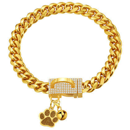 LuxLife Dog Chain Collars Gold Dog Collar 10mm Cuban Link Dog Collar Stainless Steel Cuban Link Dog Collar with CZ Diamond Buckle Bling for Puppy Small Medium Large Dogs Includes Dog tag & Bell(10