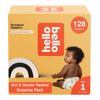 Hello Bello Diapers, Size 1 (8-12 lbs) Surprise Pack for Girls - 128 Count of Premium Disposable Baby Diapers, Hypoallergenic with Soft, Cloth-Like Feel - Assorted Girl & Gender Neutral Patterns