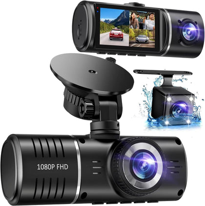 Dash Cam, 3 Channel Dash Cam, 1080P Front and Inside, Triple Dash Camera with 32GB Card, HDR, G-Sensor, 24Hr Parking, Loop Recording
