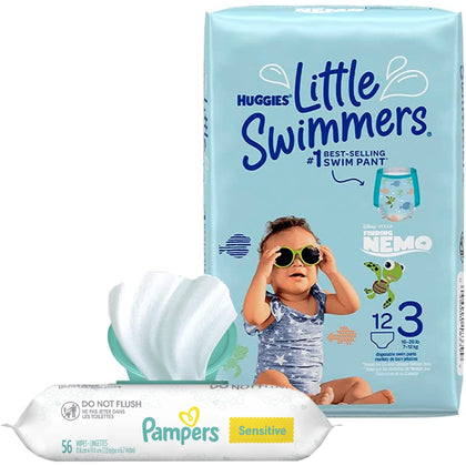 Little Swimmers Size 3 (16-26 lbs) Small Disposable Swimming Diapers 12 Count + Bonus Pack of Sensitive Baby Wipes 56 Ct - Absorbent and Adjustable Swim Pants