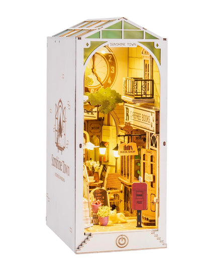 Rowood Book Nook Kits for Adults Bookshelf Insert Decor Alley 3D Wooden Puzzle Bookend DIY Craft Kits for Adults with LED Light - Sunshine Town