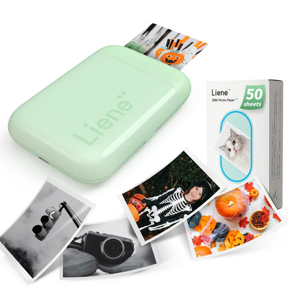Liene Photo Printer, 2x3 Mini Portable Instant Photo Printer Bundle w/ 50 Zink Adhesive Paper, Bluetooth 5.0, Compatible w/iOS & Android, Small Color Mono Picture Printer for iPhone, Smartphone Green