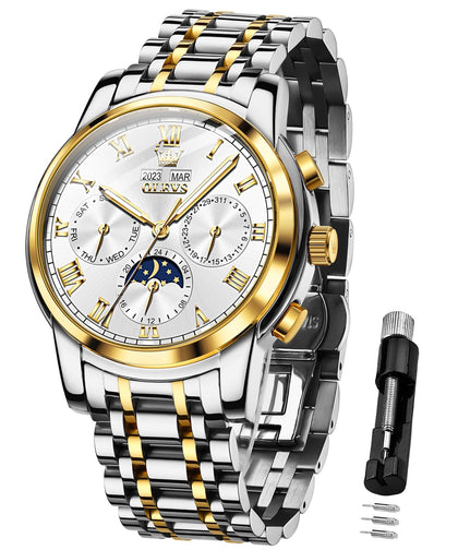 OLEVS Mens Automatic Watch Mechanical Self Winding Luxury Business Dress Moon Phase Stainless Steel Calendar Wrist Watches for Men Waterproof Luminous