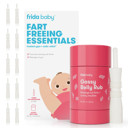 Frida Baby Fart Freeing Essentials | Includes Windi and Gassy Belly Rub for Safe, Natural, and Instant Gas and Colic Relief for Infants and Babies