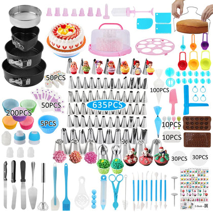 Cake Decorating Kit,635 Pcs Decorating Supplies With 3 Springform Pan Sets Icing Nozzles Rotating Turntable Cake Topper Piping Bags Carrier Holder,Cake Baking Set Tools