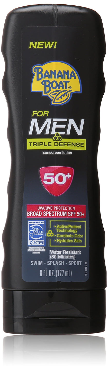 Banana Boat Sunscreen for Men Triple Defense Broad Spectrum Sun Care Sunscreen Lotion - SPF 50, 6 Ounce